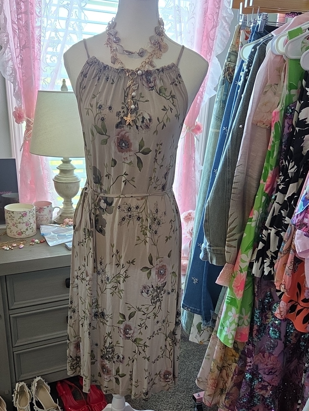 Beige Floral Halter-Tie Midi Dress